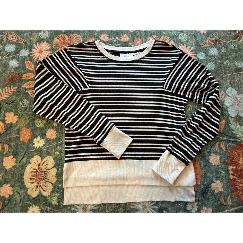 Maeve Anthropologie Womens XS Striped Ribbed Knit Long Sleeve Top Black White